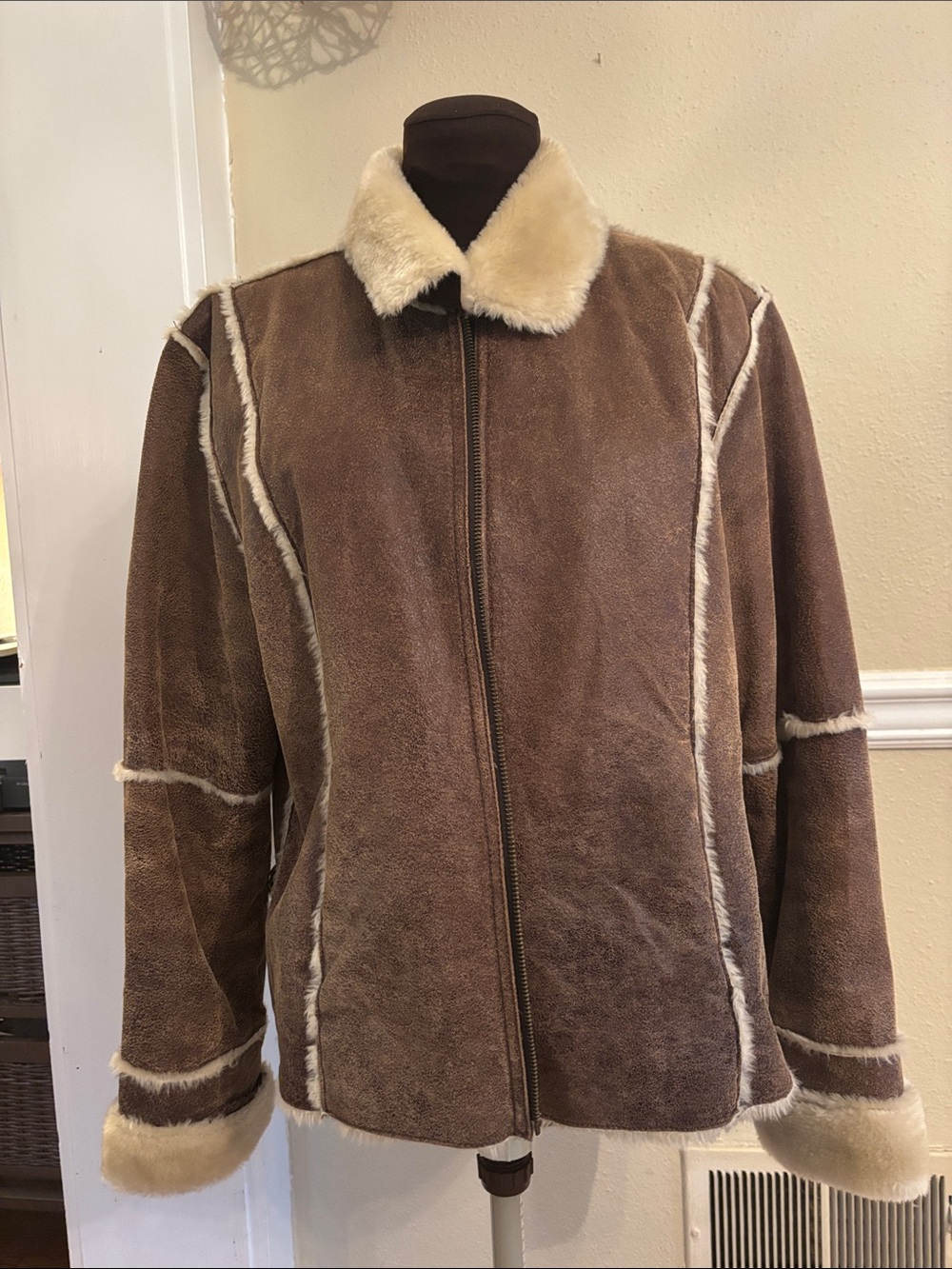 Bernardo Brown Suede Bomber Jacket with Cream Shearling
